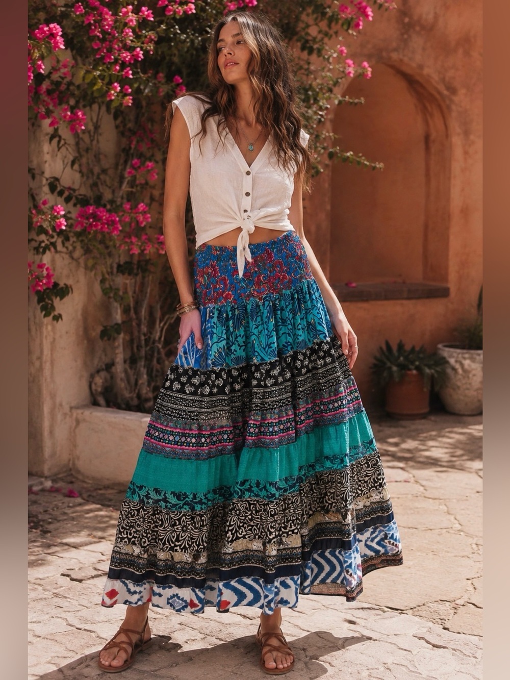Recycled Silk Blend Floral Patchwork Tiered Ruffle Skirt Free Size Gypsy Boho